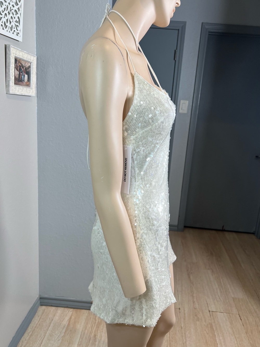 NWT Princess Polly Sequin Spaghetti Strap Mini Dress - white Silver - Picture 7 of 16